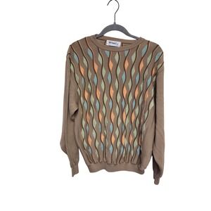Vintage 80s St‎ Croix Wave Knit Sweater Mens L Textured Stripe Beige Blue Made